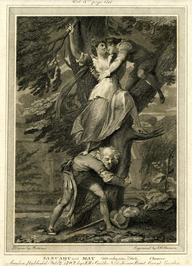 a woman climbing up a tree into the embrace of a young man in the branches, her foot on the back of a bearded man bending below, his arms wrapped around the trunk; frame surrounding