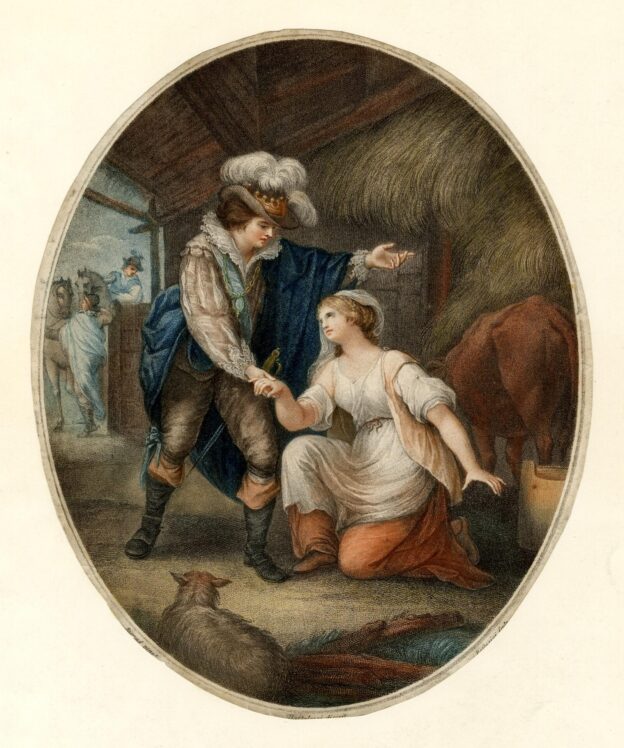 In a barn, Griselda kneeling before Gualtherus, taking his hand as he gestures to the right, men with horses outside the door at left; oval, trimmed to image. c.1785 Stipple printed in colours