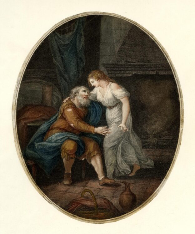 Humble interior with Griselda embracing her elderly father, who sits at left in tattered clothes; oval, trimmed to image. c.1785 Stipple printed in colours